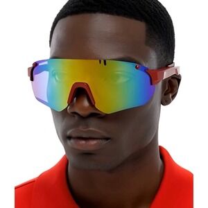 Mens Red Shield Sport Sunglasses Iridescent Mirror Lens Wrap Around Cycling Y2K